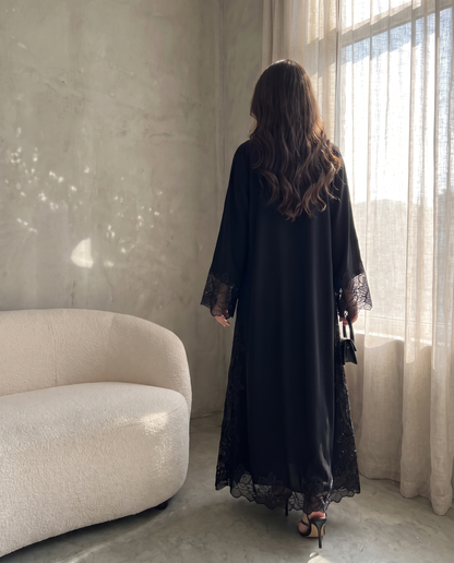 Premium Hand-Embroidered Lace Sleeve Abaya