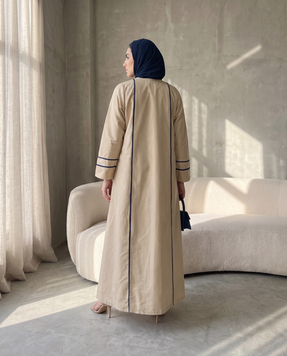 Beige Taffeta Abaya with Sculpted Royal-Blue Panel Piping