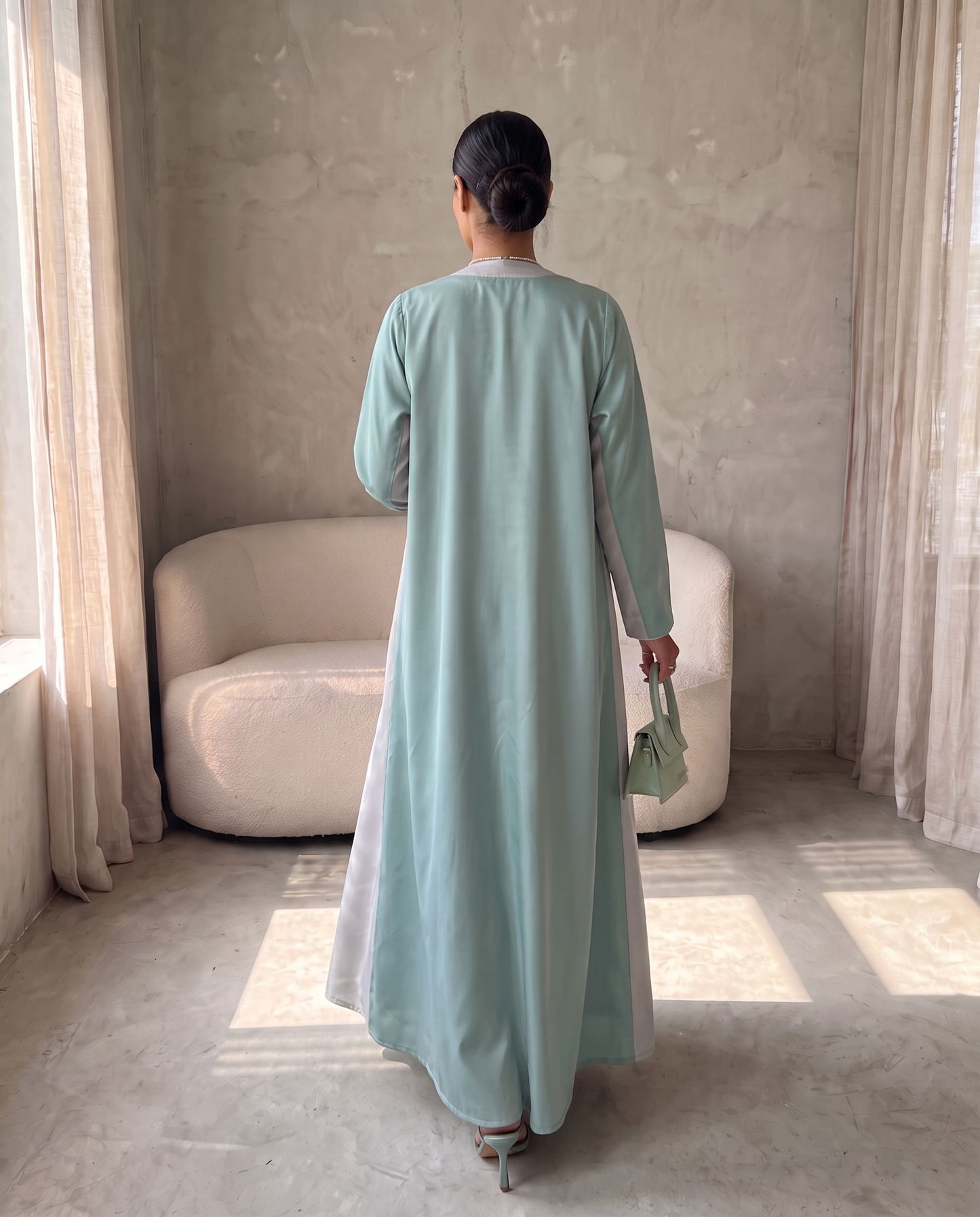 Two-Tone Satin Abaya with Contrasting Panel Design in Mint & Silver