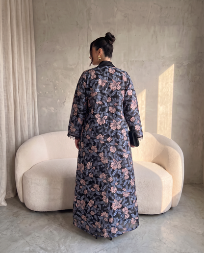 Floral Cape Style Open Abaya with Lace Trim Detail
