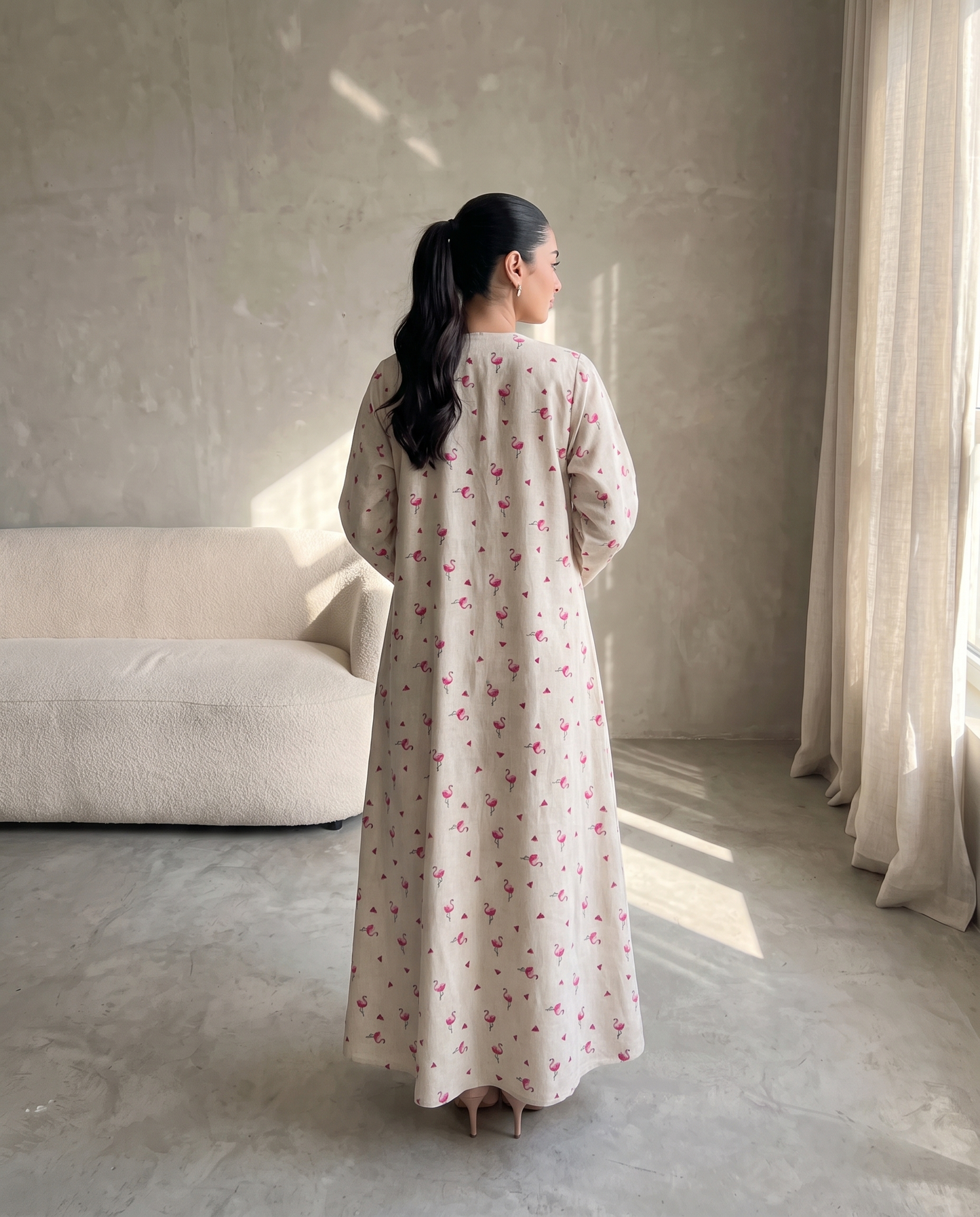 Flamingo Print Linen Style Abaya
