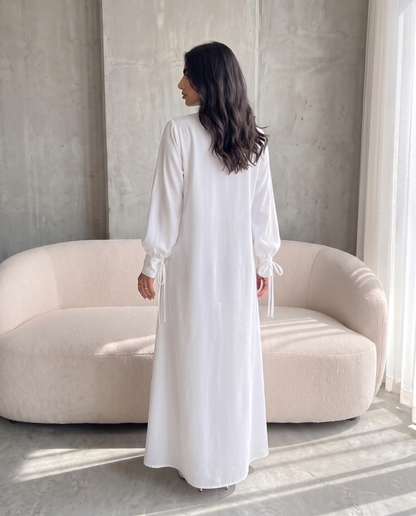 Premium Satin Wrap White Abaya with Side Buttons