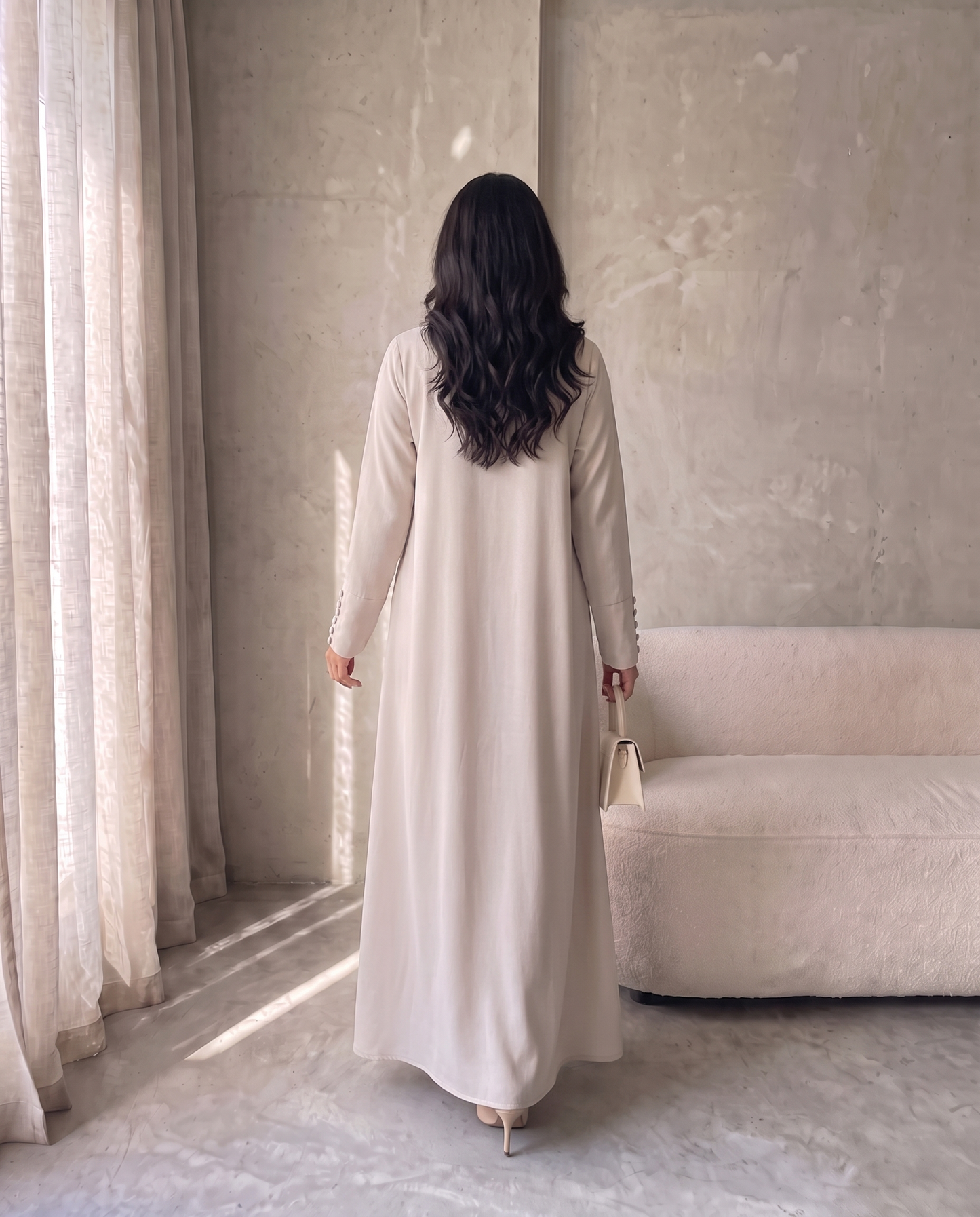 Pearl Button-Front Beige Abaya with Elegant Panel Design