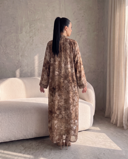 Brown Garden Floral Printed Lightweight Open Abaya