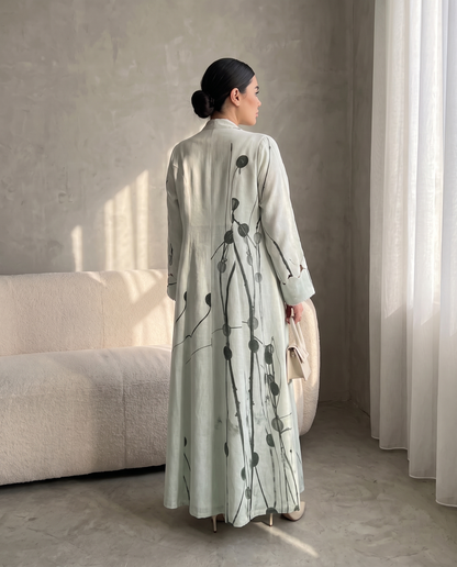 Abstract Botanical Print Abaya with Elegant Open Front