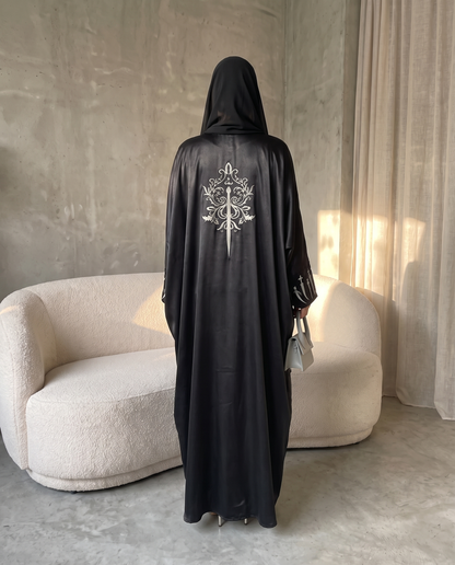 Premium Open Abaya with Metallic Sword Black Embroidery Design