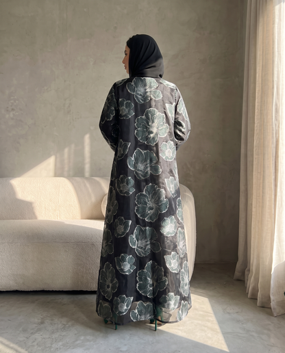 Floral Organza Open Abaya with Soft Tailored Collar