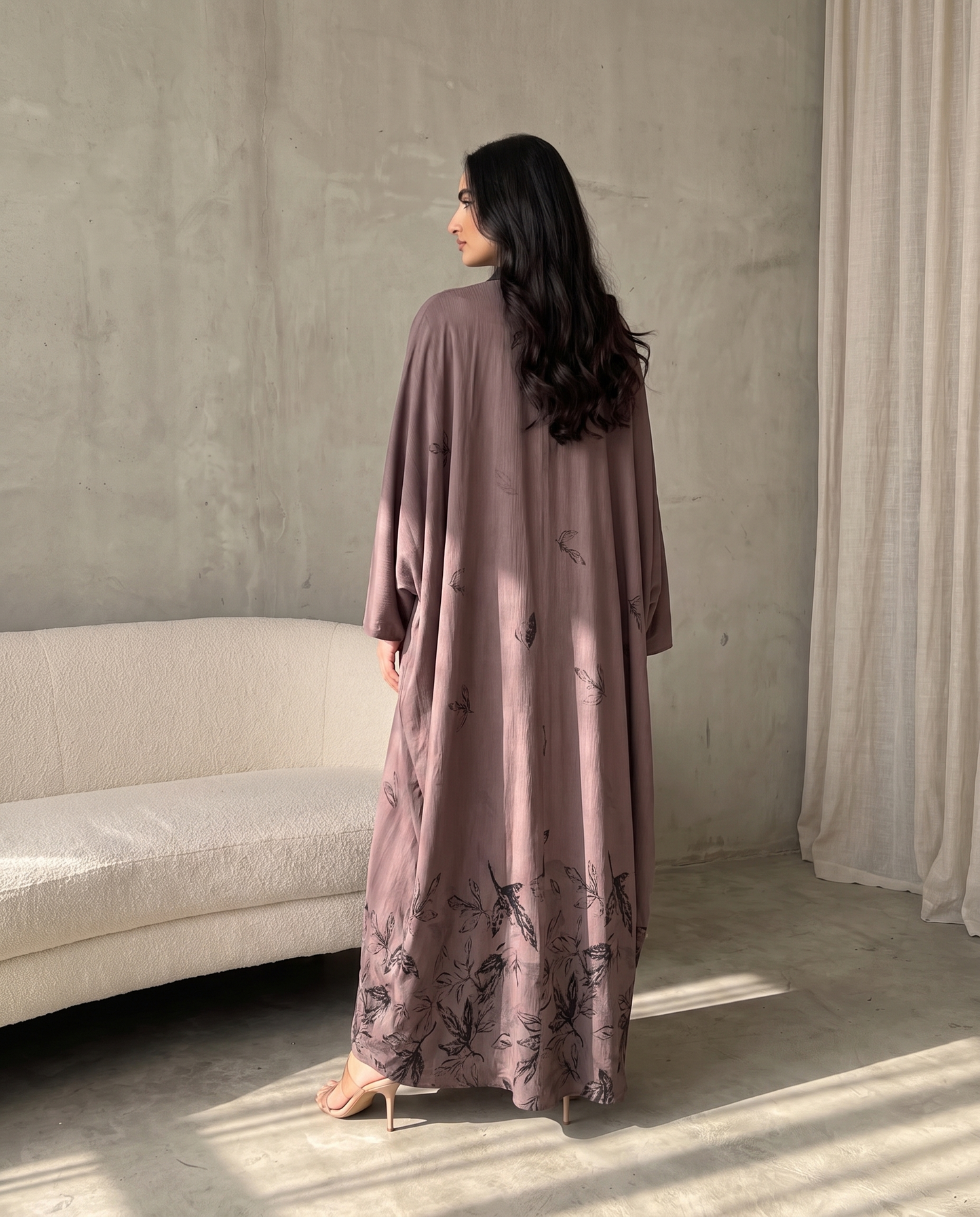 Modern Kimono Open Abaya with Printed Leaf Design