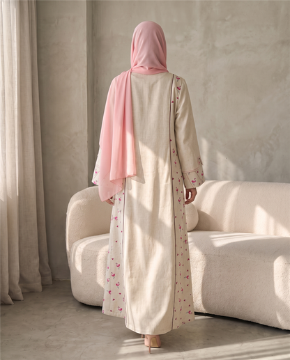 Flamingo Accent Linen Abaya with Contrast Paneling