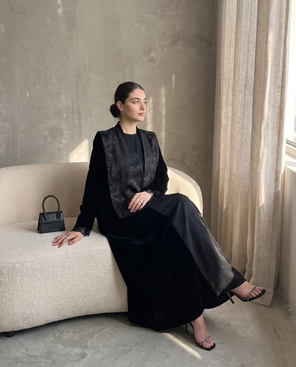 Black Velvet & Brocade Layered Abaya with Textured Patterned Vest Overlay