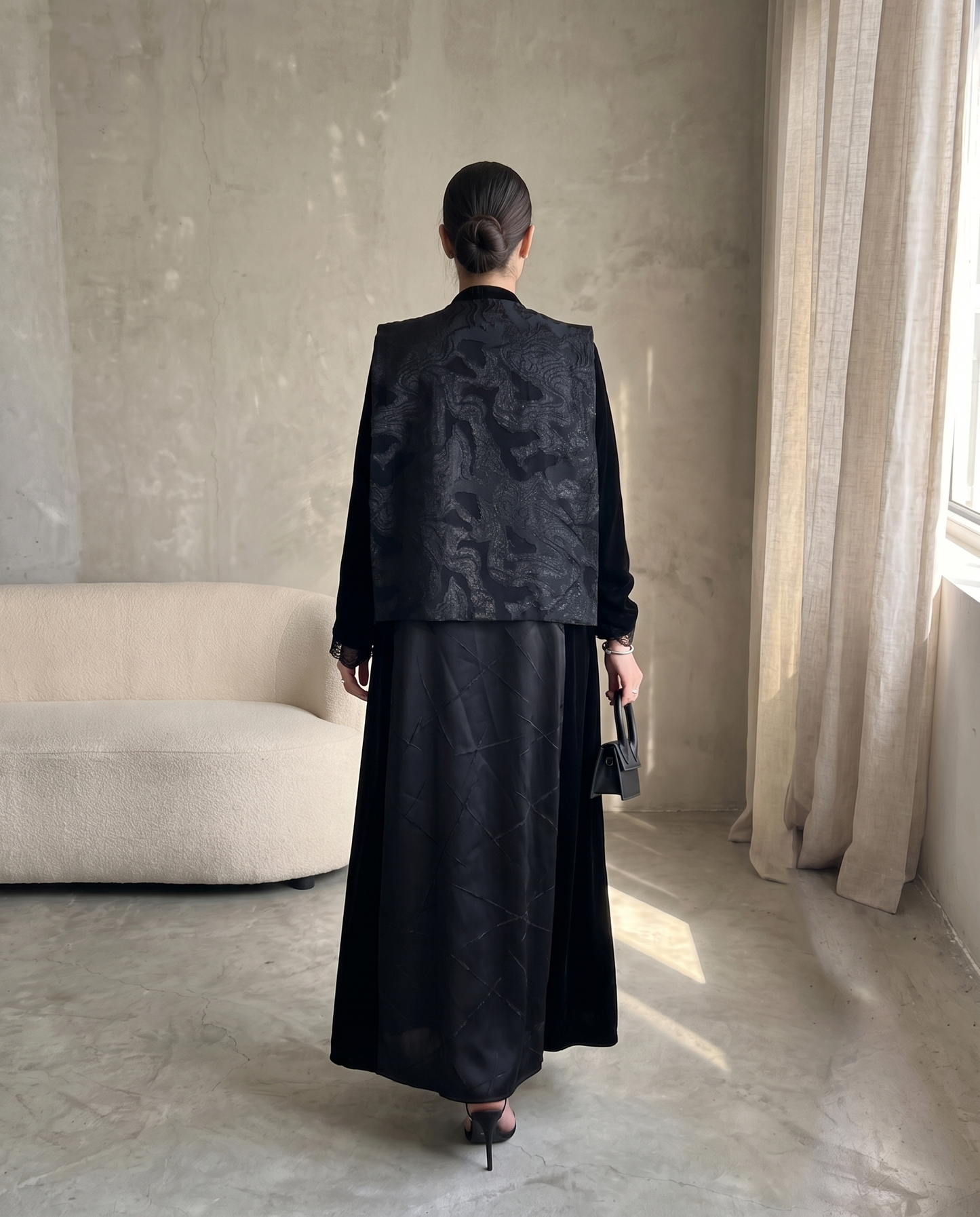 Black Velvet & Brocade Layered Abaya with Textured Patterned Vest Overlay