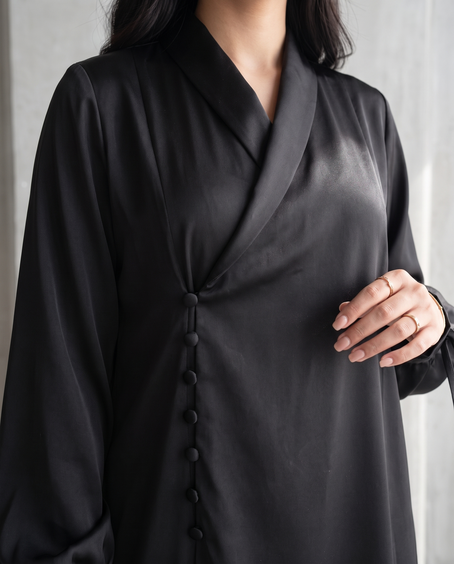 Premium Satin Wrap Black Abaya with Side Buttons