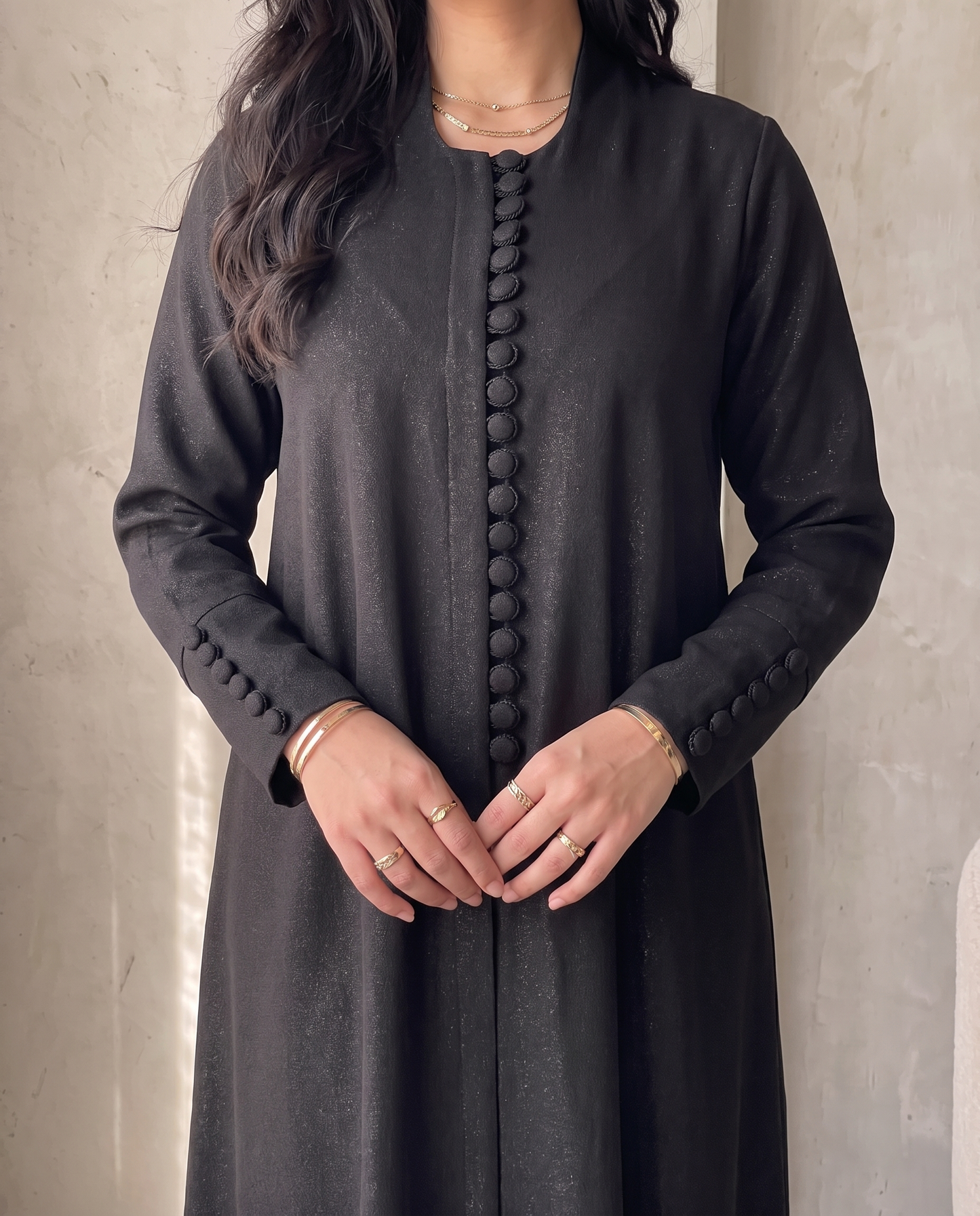 Pearl Button-Front Black Abaya with Elegant Panel Design