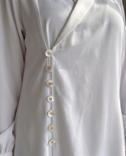 Premium Satin Wrap White Abaya with Side Buttons