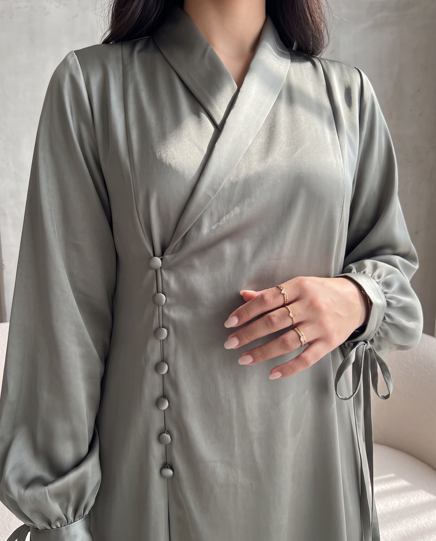 Premium Satin Wrap Gray Abaya with Side Buttons