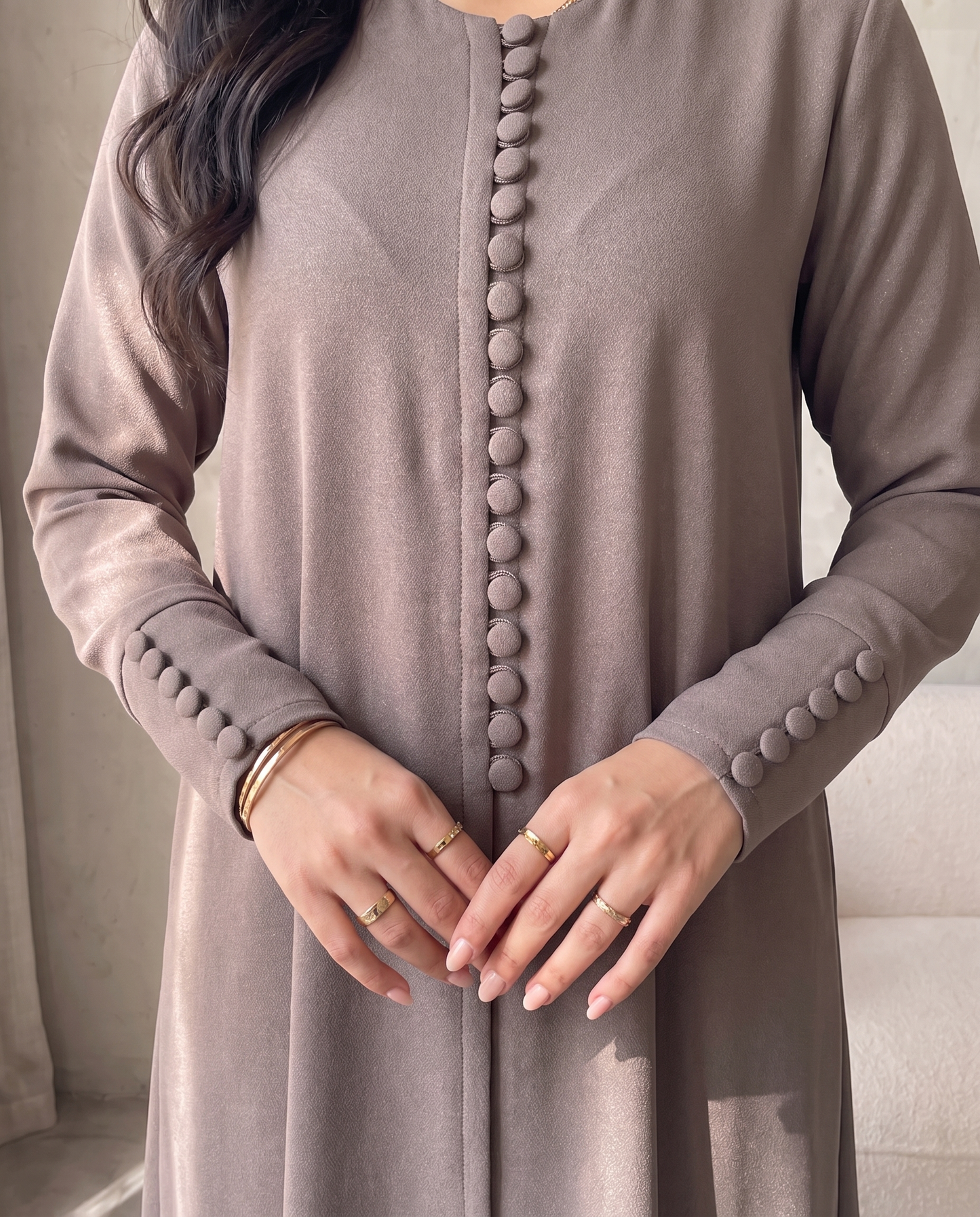 Pearl Button-Front Grey Abaya with Elegant Panel Design