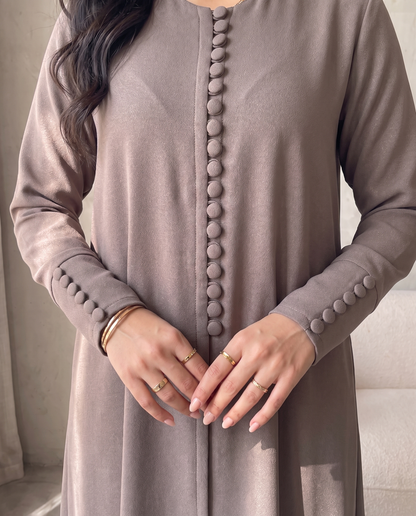 Pearl Button-Front Grey Abaya with Elegant Panel Design
