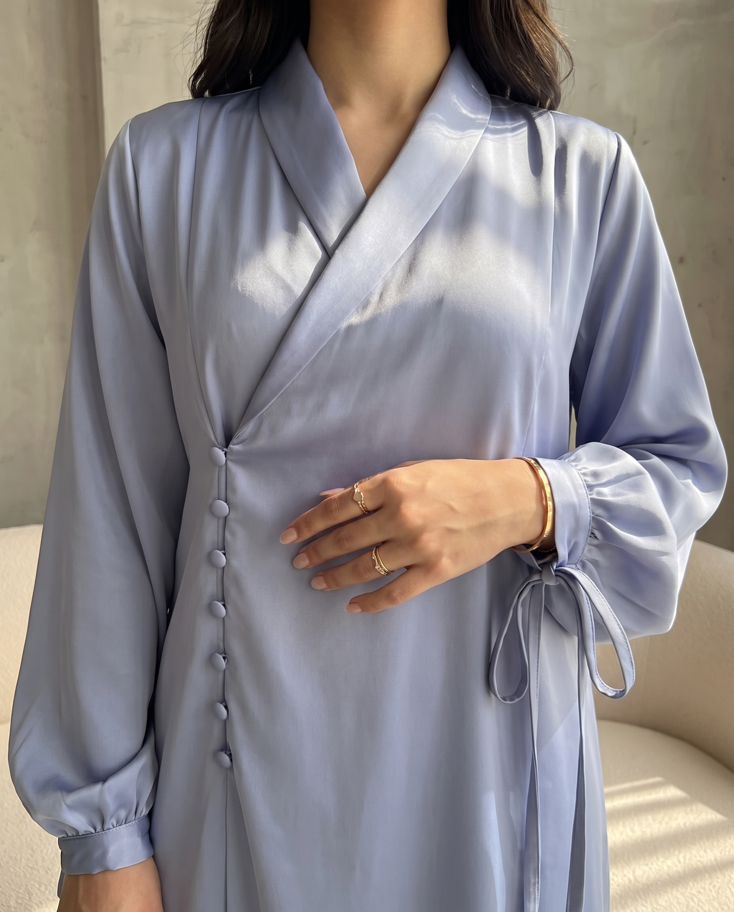 Premium Satin Wrap Blue haze Abaya with Side Buttons