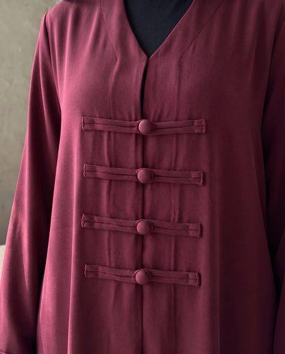Elegant Maroon Abaya with Structured Front Panel Button Design