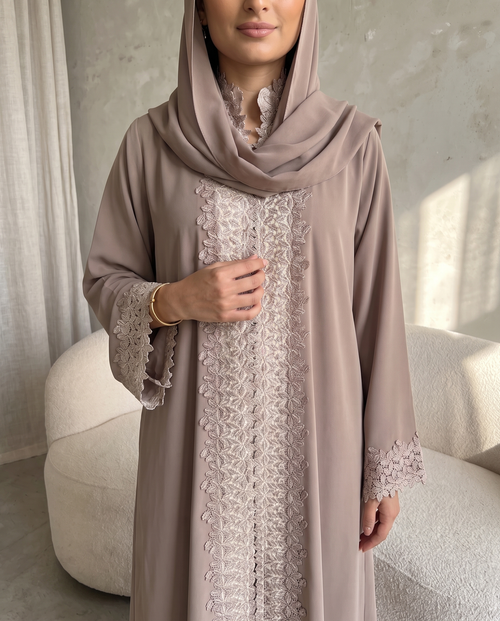 Taupe Lace Elegance Abaya – hover image