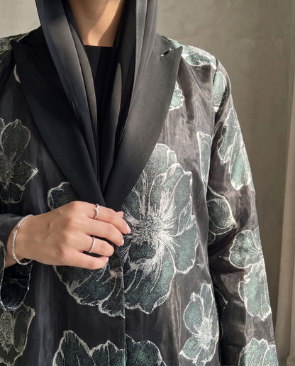 Floral Organza Open Abaya with Soft Tailored Collar