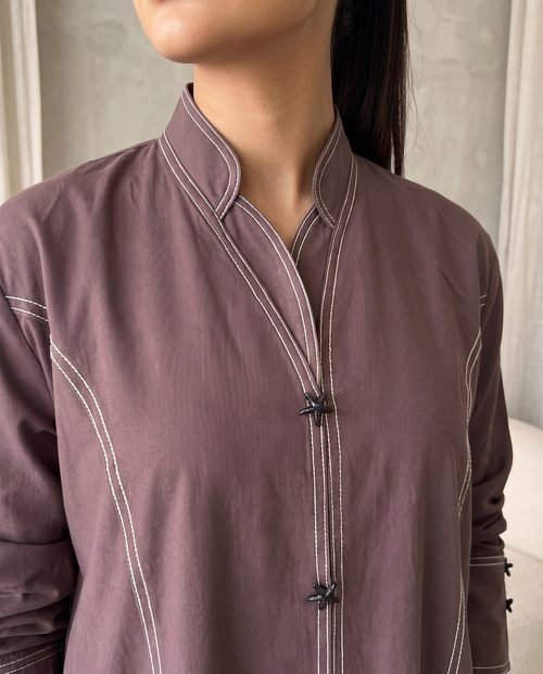 Stitch-Detail Brown Abaya with Front Button Accents – hover image