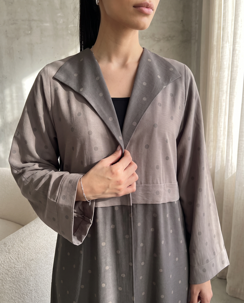 Flow Gray Polka Dot Abaya with Oversized Collar – hover image