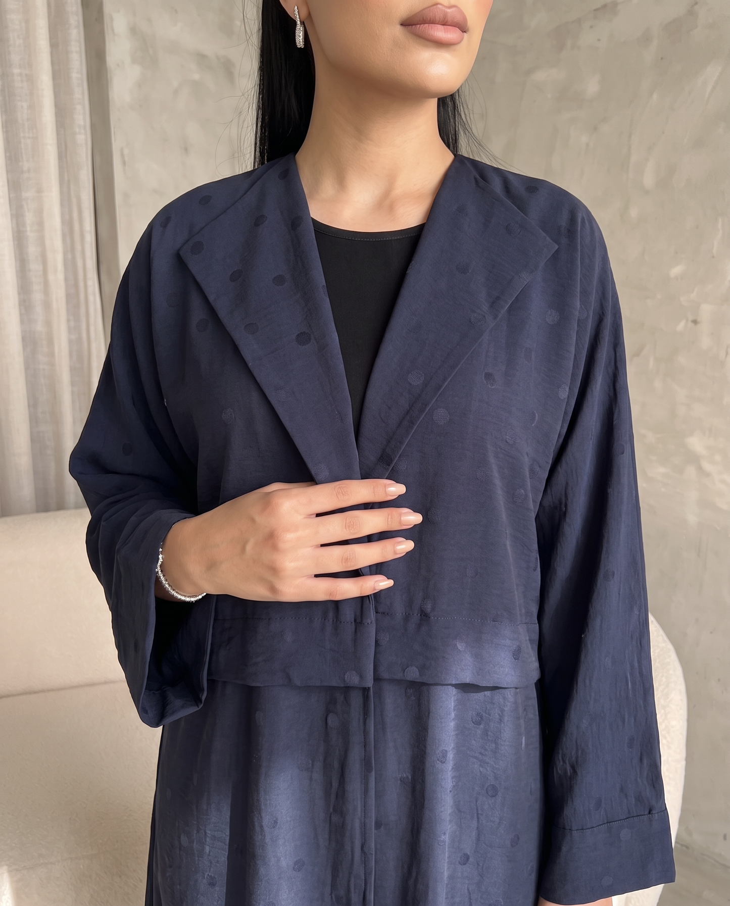Navy Blue Polka Dot Abaya with Oversized Collar