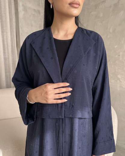Navy Blue Polka Dot Abaya with Oversized Collar