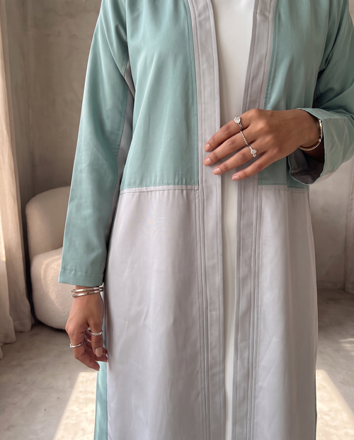 Two-Tone Satin Abaya with Contrasting Panel Design in Mint & Silver – hover image