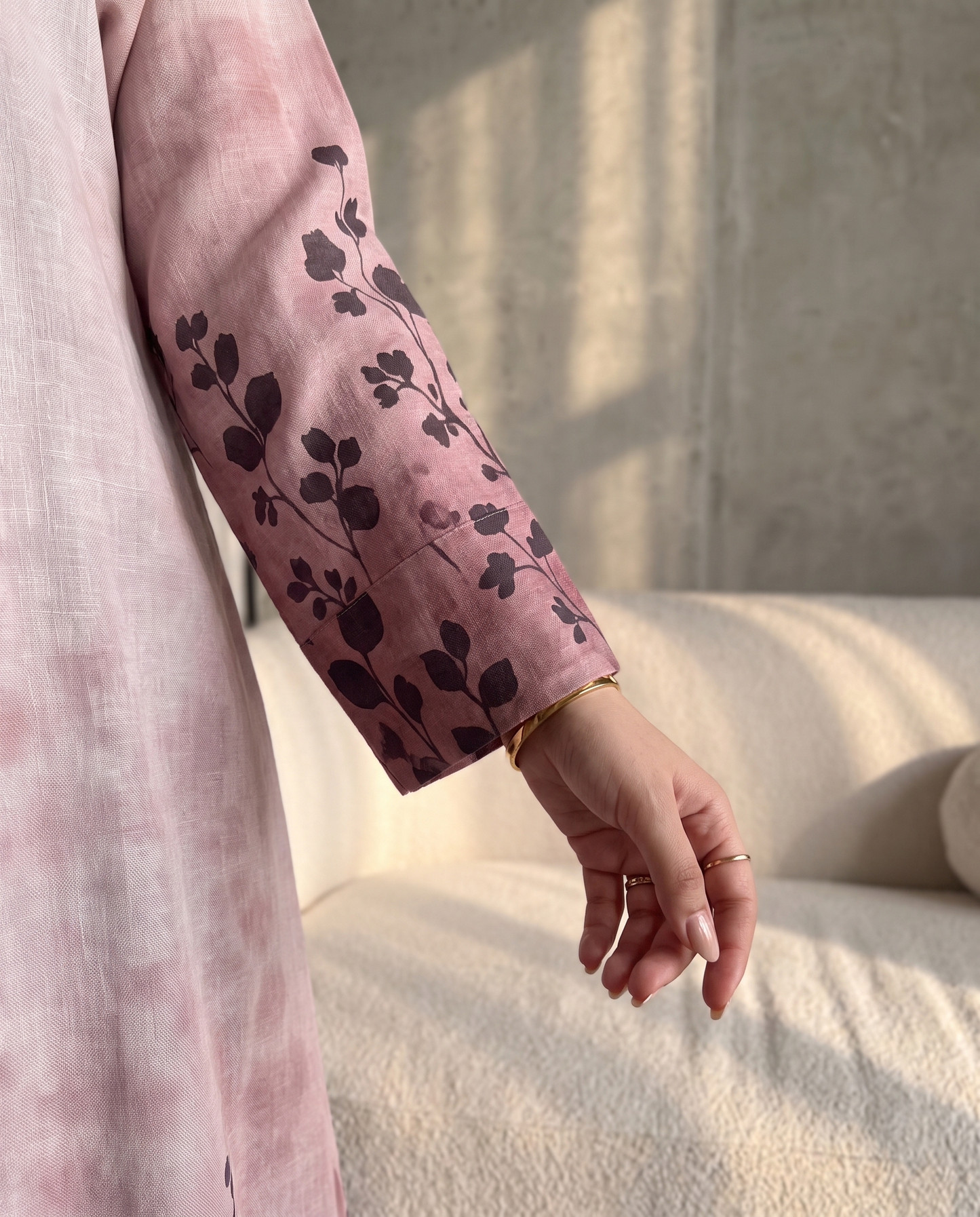 Pink Botanical Print Open Abaya with Flowing Silhouette