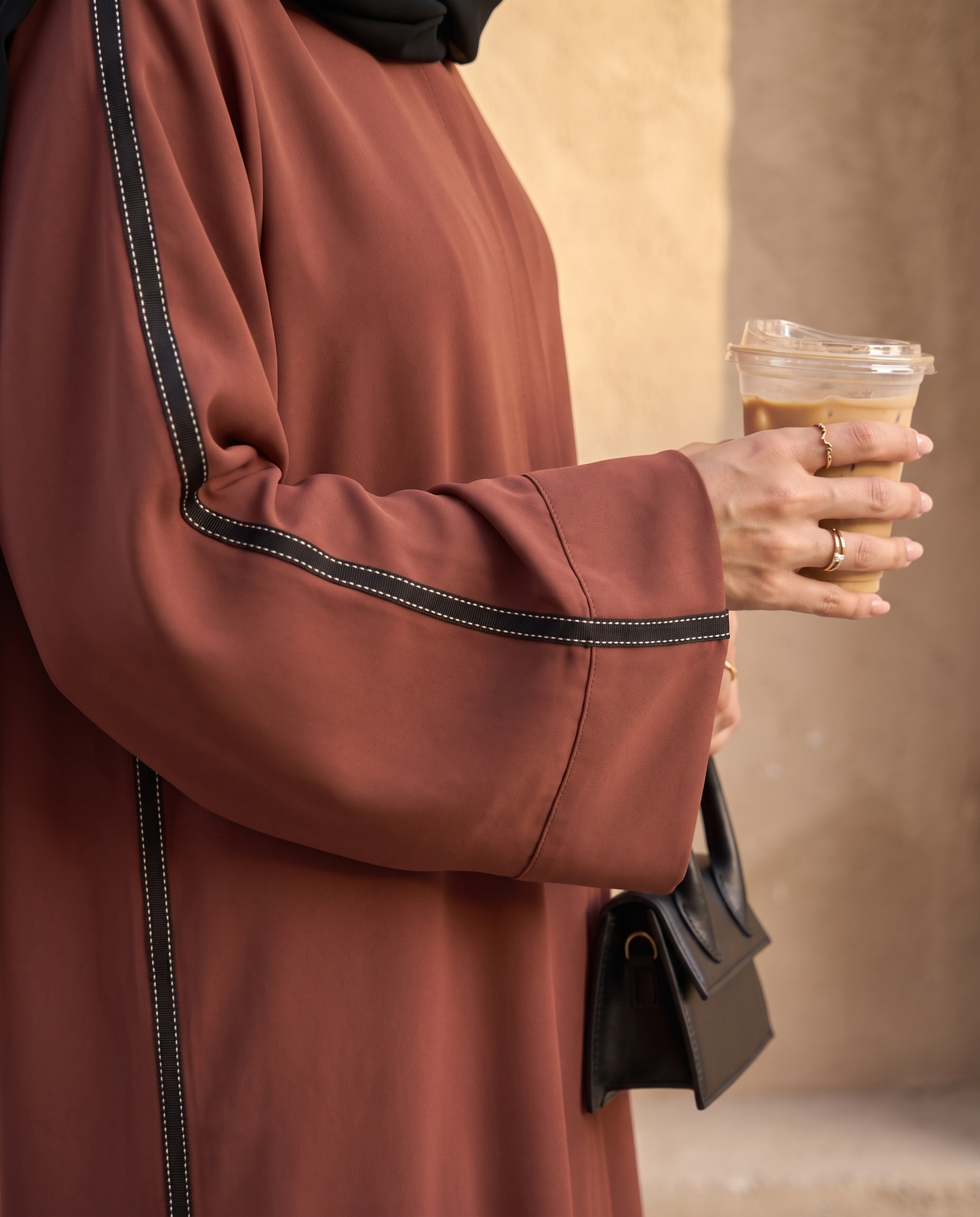 Rosewood Modern Abaya with Contrast Trim and Wide Sleeves