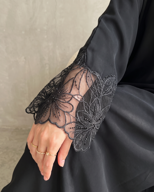 Premium Hand-Embroidered Lace Sleeve Abaya – hover image