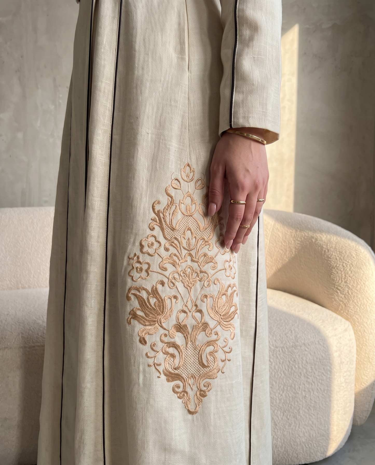 Tailored Embroidered Abaya with Structured Shawl Collar