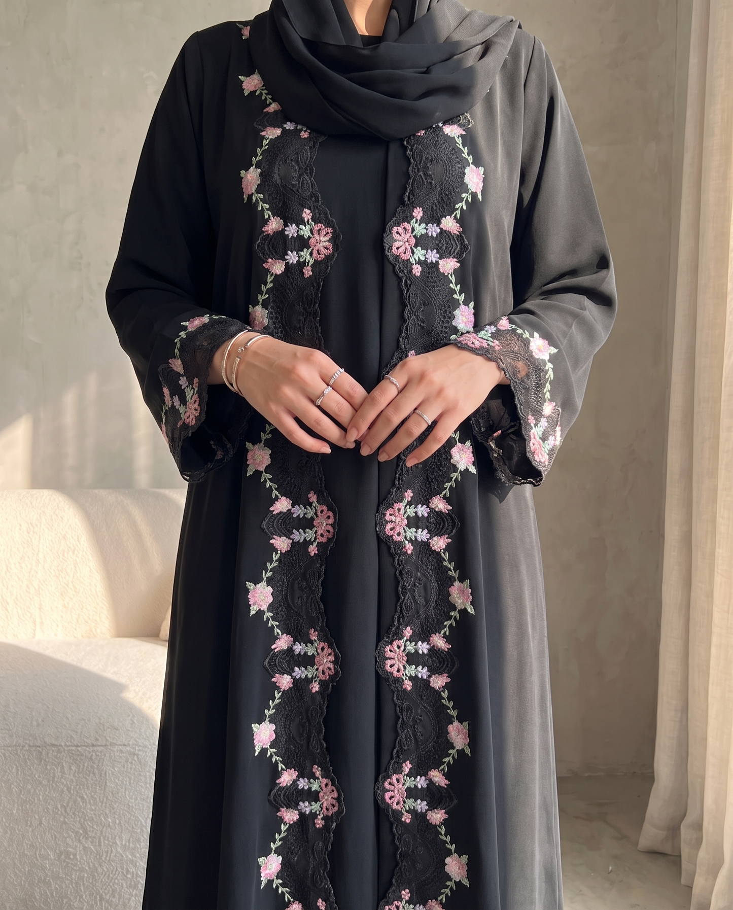 Midnight Blossom Lace Abaya Set