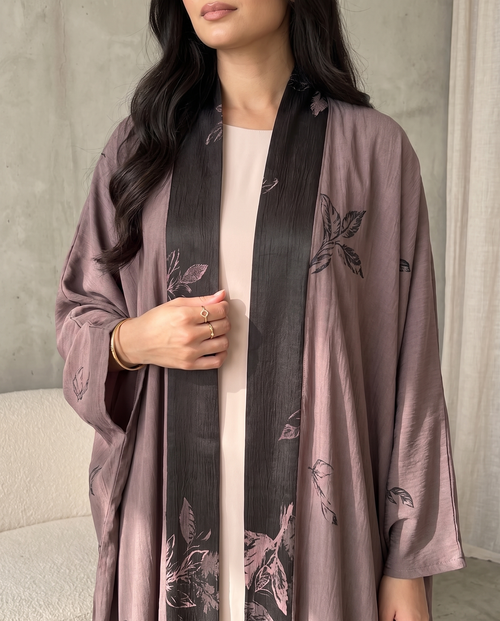 Modern Kimono Open Abaya with Printed Leaf Design – hover image