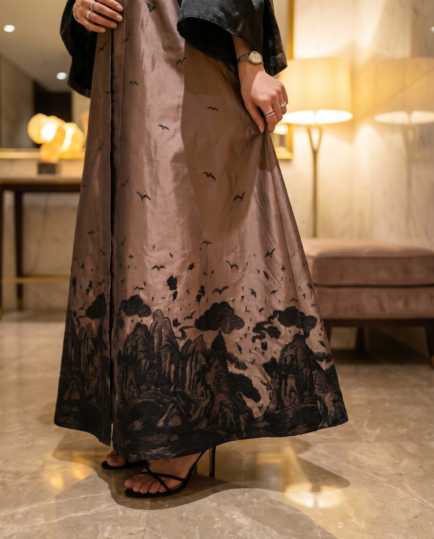 Elegant Bronze Abaya with Black Landscape Detailing