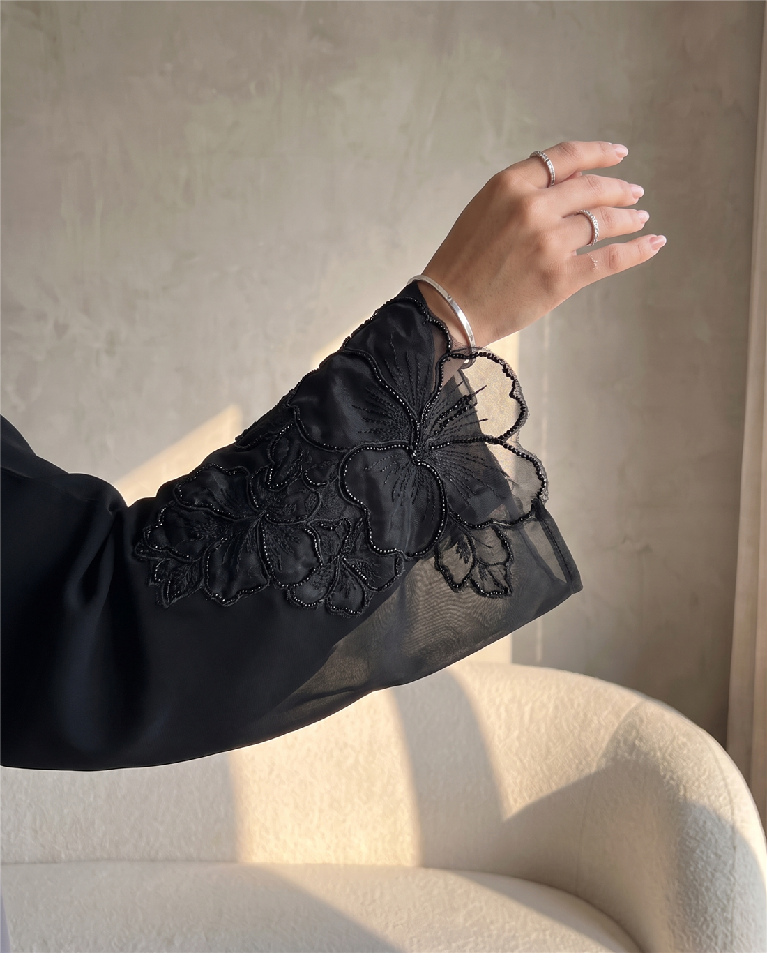 Two-Tone Black & Grey Abaya with Lace Sleeve Detailing