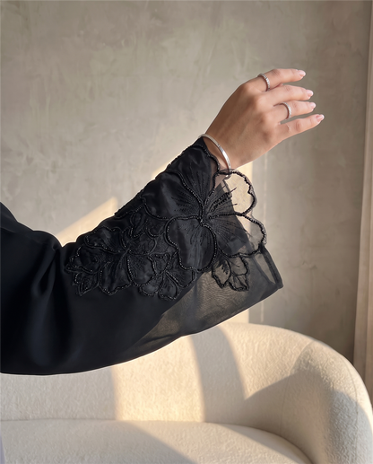 Two-Tone Black & Grey Abaya with Lace Sleeve Detailing