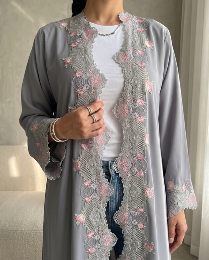 Silver Blossom Lace Abaya
