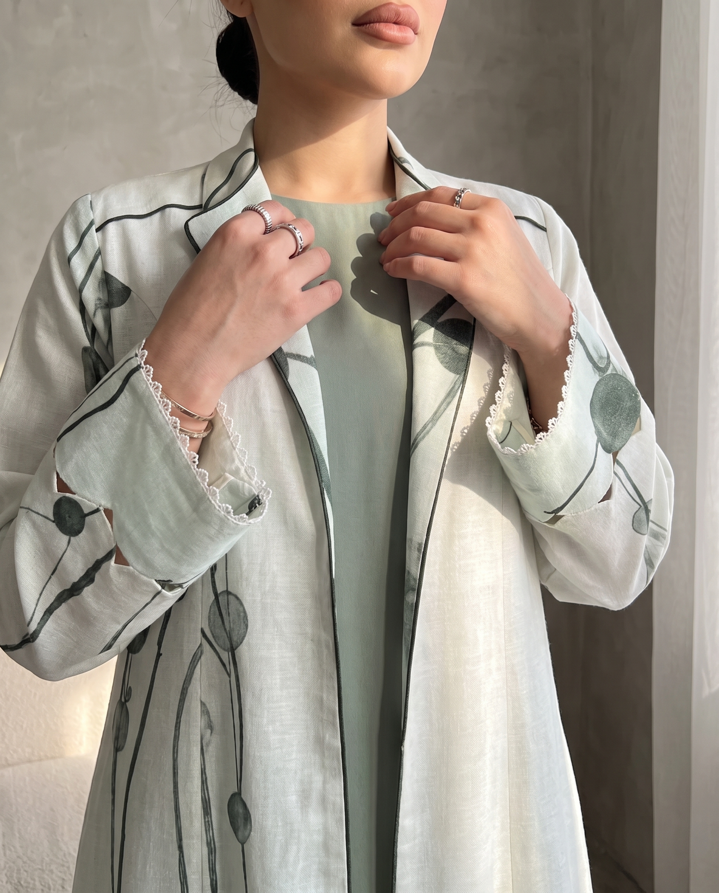 Abstract Botanical Print Abaya with Elegant Open Front