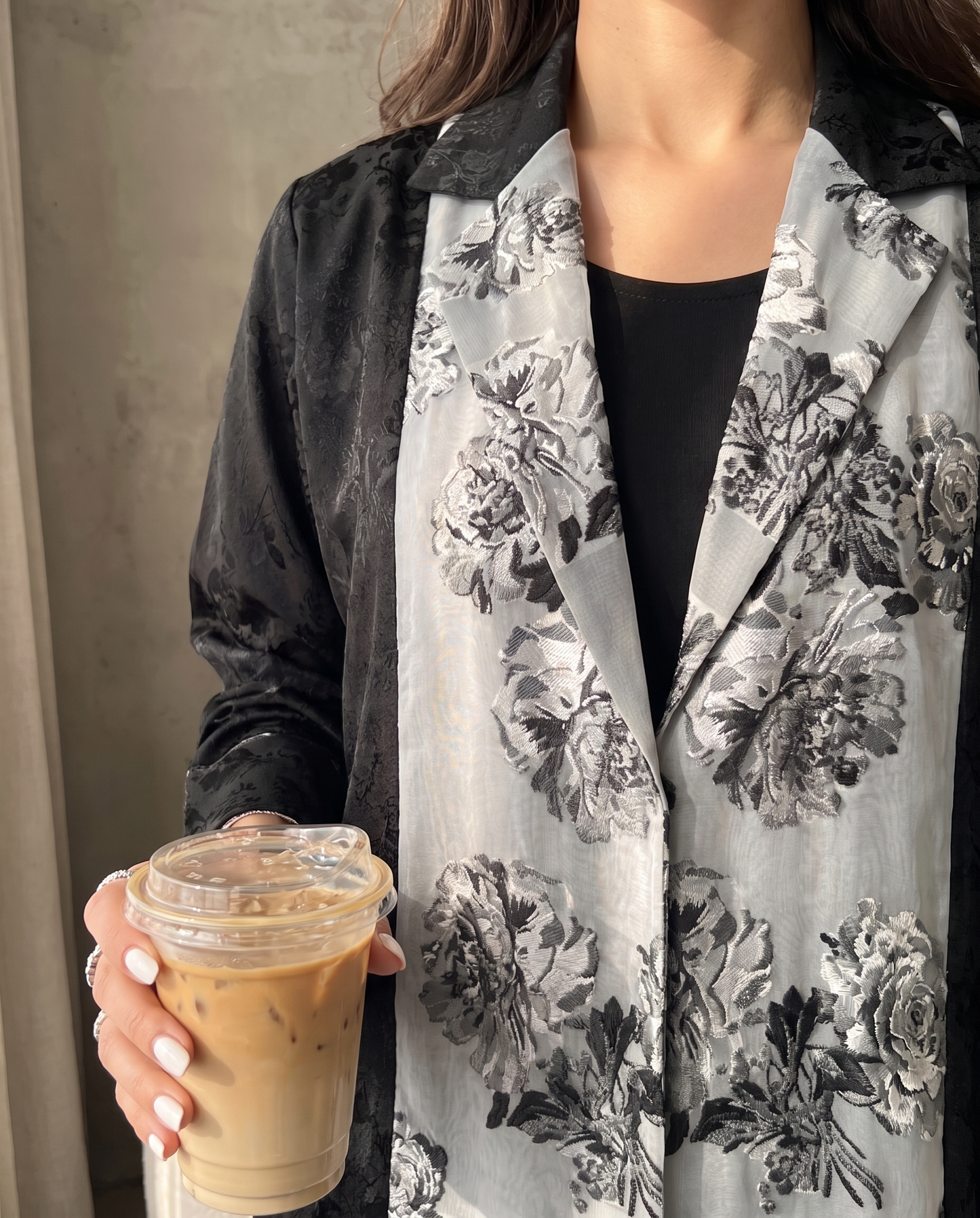 Floral Contrast Panel Abaya with Tailored Lapel Design