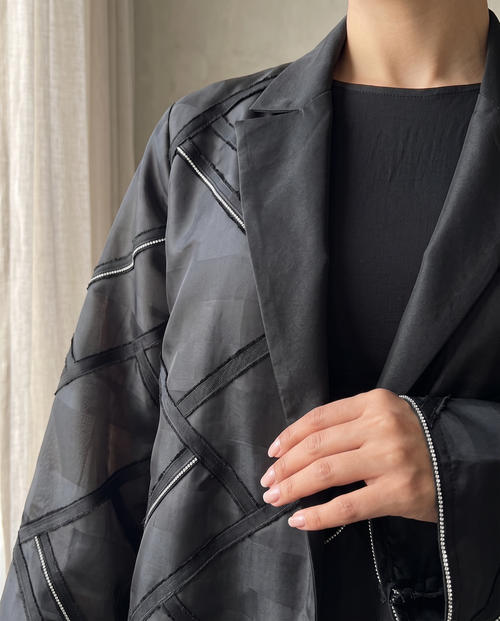 Modern Geometric Panel Abaya with Structured Lapel Design – hover image