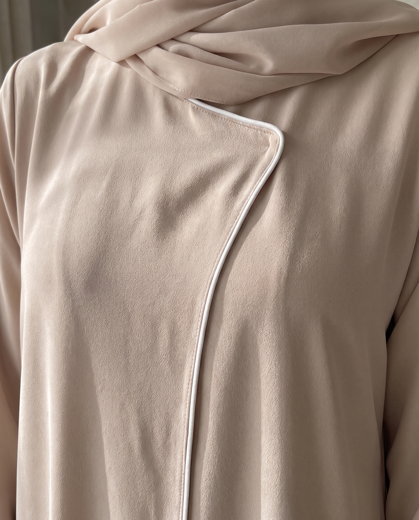 Beige Crepe Abaya Closed front with Contrast Piping