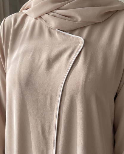 Beige Crepe Abaya Closed front with Contrast Piping