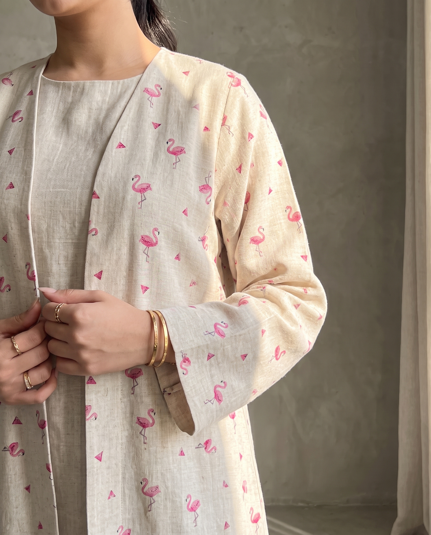Flamingo Print Linen Style Abaya