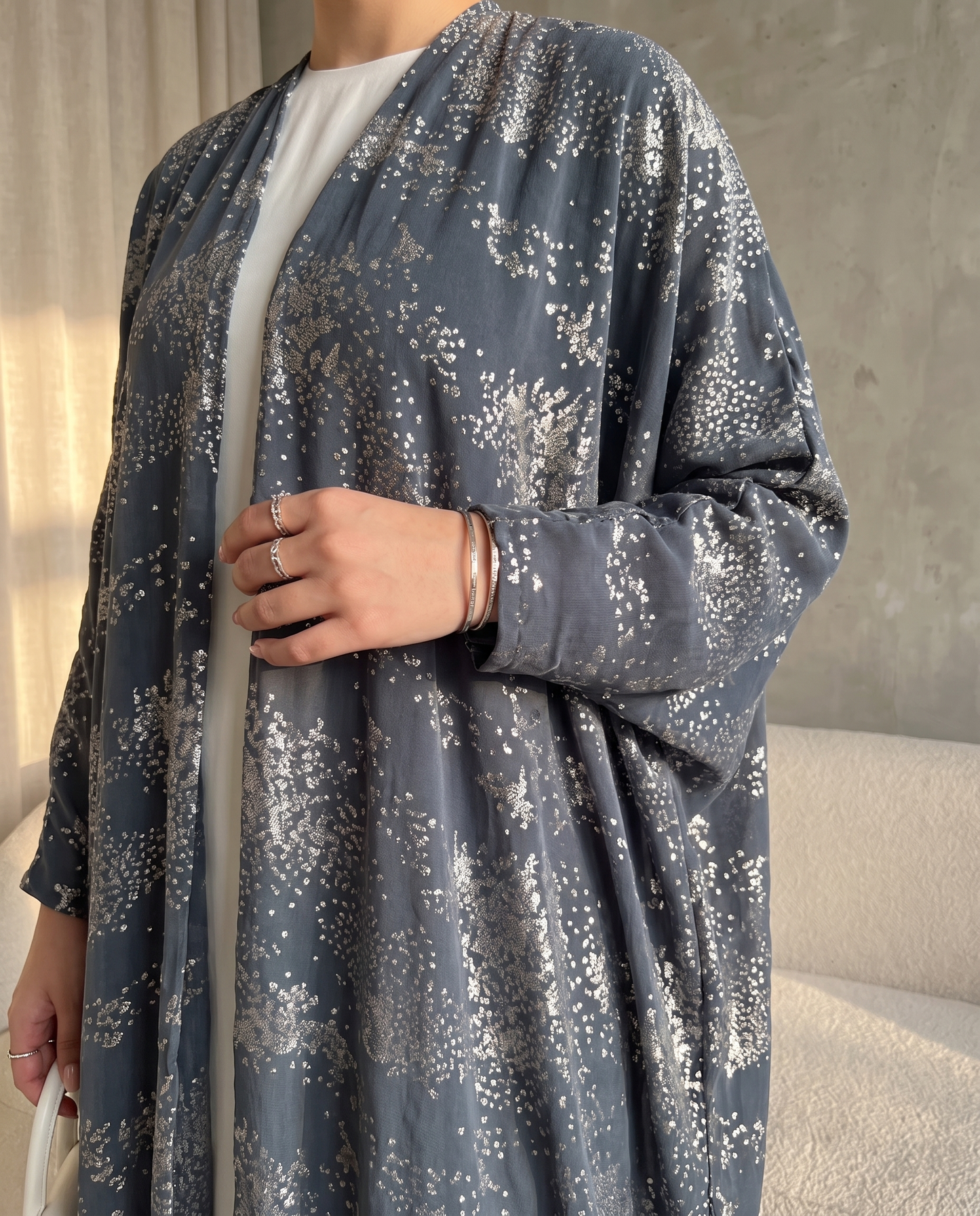 Midnight Mist Printed Flow Silver Abaya