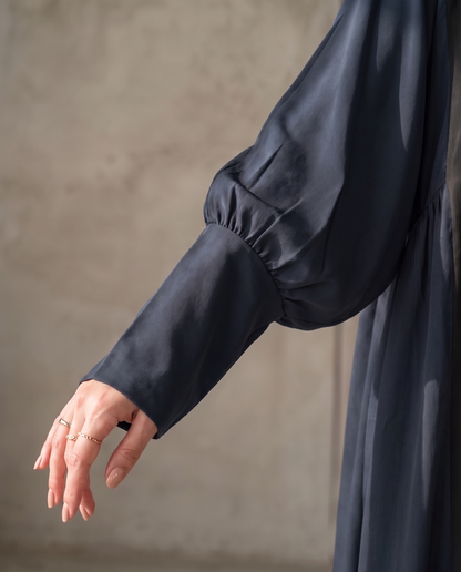 Minimal Hooded Open Abaya with Fluid Drape Dark Navy and Relaxed Silhouette