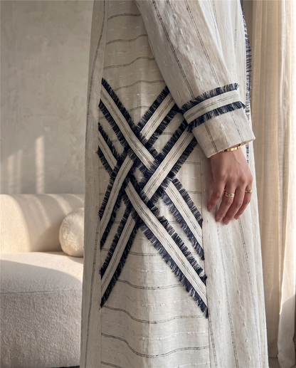 Striped Linen Abaya with Contrast Trim Detailing