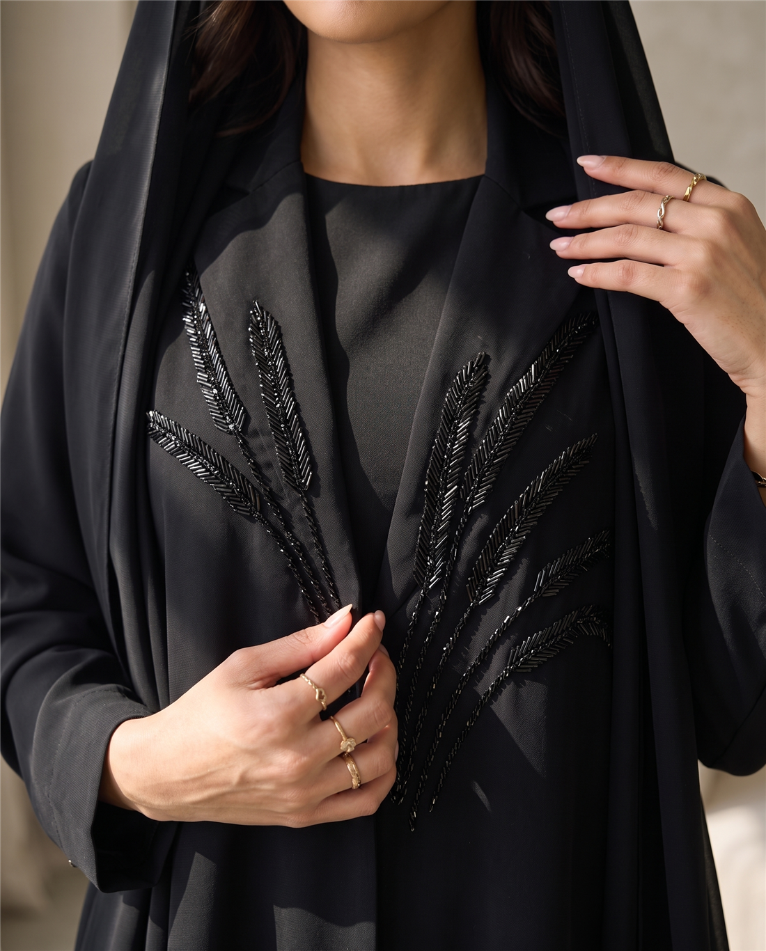 Tailored Open Abaya with Beaded Embroidery and Structured Collar